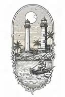 astronaut with a trident in a rowboat under a lighthouse at night with a crescent moon and palm trees tattoo design idea