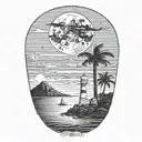 moon setting over the ocean black sky with palm trees dark in the foreground lighthouse in the background clouds in sky tattoo design idea