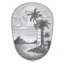 moon setting over the ocean black sky with palm trees dark in the foreground lighthouse in the background clouds in sky tattoo design idea