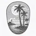 moon setting over the ocean black sky with palm trees dark in the foreground lighthouse in the background clouds in sky tattoo design idea