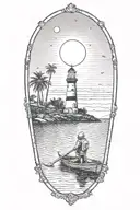 astronaut in a rowboat under a lighthouse at night with a crescent moon and palm trees tattoo design idea