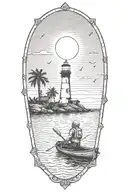 astronaut in a rowboat under a lighthouse at night with a crescent moon and palm trees tattoo design idea