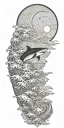 large waves crashing over clouds at night with a crescent moon and a great white shark tattoo design idea
