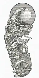 large waves crashing over clouds at night with a crescent moon and a great white shark tattoo design idea