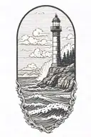 lighthouse on the shore with waves crashing on it with halfdome in the background tattoo design idea