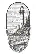 lighthouse on the shore with waves crashing on it with halfdome in the background tattoo design idea