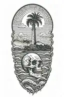 skull with lighthouse with waves crashing with palm tree at night with crescent moon and maoa kea in the background tattoo design idea