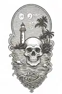 skull with lighthouse with waves crashing with palm tree at night with crescent moon and maoa kea in the background tattoo design idea