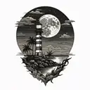 moon setting over the ocean black sky with palm trees dark in the foreground lighthouse in the background clouds in sky tattoo design idea