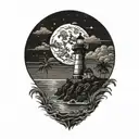 moon setting over the ocean black sky with palm trees dark in the foreground lighthouse in the background clouds in sky tattoo design idea