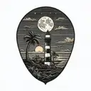 moon setting over the ocean black sky with palm trees dark in the foreground lighthouse in the background clouds in sky tattoo design idea