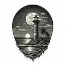 moon setting over the ocean black sky with palm trees dark in the foreground lighthouse in the background clouds in sky tattoo design idea
