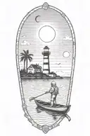 astronaut with a trident in a rowboat under a lighthouse at night with a crescent moon and palm trees tattoo design idea