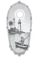 astronaut with a trident in a rowboat under a lighthouse at night with a crescent moon and palm trees tattoo design idea