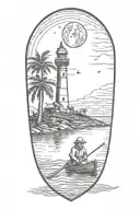 astronaut in a rowboat under a lighthouse at night with a crescent moon and palm trees tattoo design idea