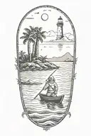 astronaut in a rowboat under a lighthouse at night with a crescent moon and palm trees tattoo design idea