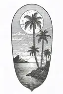 moon setting over the ocean black sky with palm trees dark in the foreground lighthouse in the background clouds in sky tattoo design idea