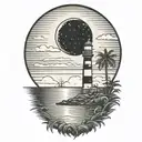 moon setting over the ocean black sky with palm trees dark in the foreground lighthouse in the background clouds in sky tattoo design idea