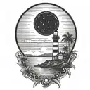 moon setting over the ocean black sky with palm trees dark in the foreground lighthouse in the background clouds in sky tattoo design idea