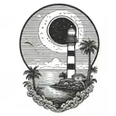 moon setting over the ocean black sky with palm trees dark in the foreground lighthouse in the background clouds in sky tattoo design idea