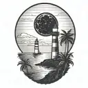 moon setting over the ocean black sky with palm trees dark in the foreground lighthouse in the background clouds in sky tattoo design idea