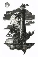 moon setting over the ocean black sky with palm trees dark in the foreground lighthouse in the background clouds in sky tattoo design idea
