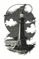 moon setting over the ocean black sky with palm trees dark in the foreground lighthouse in the background clouds in sky tattoo design idea
