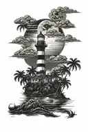 moon setting over the ocean black sky with palm trees dark in the foreground lighthouse in the background clouds in sky tattoo design idea