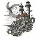 a large octopus wrapping around a lighthouse at night with a crescent moon tattoo design idea