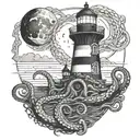 a large octopus wrapping around a lighthouse at night with a crescent moon tattoo design idea