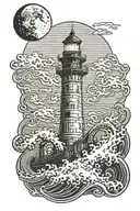 large waves crashing over lighthouse with octopus arms and a moon in the background tattoo design idea