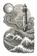 large waves crashing over lighthouse with octopus arms and a moon in the background tattoo design idea