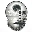 moon setting over the ocean black sky with palm trees dark in the foreground lighthouse in the background clouds in sky tattoo design idea