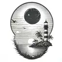 moon setting over the ocean black sky with palm trees dark in the foreground lighthouse in the background clouds in sky tattoo design idea