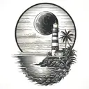 moon setting over the ocean black sky with palm trees dark in the foreground lighthouse in the background clouds in sky tattoo design idea