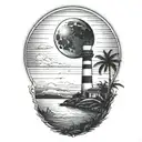 moon setting over the ocean black sky with palm trees dark in the foreground lighthouse in the background clouds in sky tattoo design idea