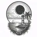 moon setting over the ocean black sky with palm trees dark in the foreground lighthouse in the background clouds in sky tattoo design idea