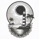 moon setting over the ocean black sky with palm trees dark in the foreground lighthouse in the background clouds in sky tattoo design idea