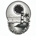moon setting over the ocean black sky with palm trees dark in the foreground lighthouse in the background clouds in sky tattoo design idea