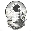 moon setting over the ocean black sky with palm trees dark in the foreground lighthouse in the background clouds in sky tattoo design idea