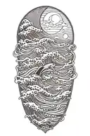 large waves crashing over clouds at night with a crescent moon and a great white shark in the waves tattoo design idea