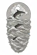 large waves crashing over clouds at night with a crescent moon and a great white shark in the waves tattoo design idea