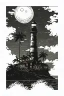 moon setting over the ocean black sky with palm trees dark in the foreground lighthouse in the background clouds in sky tattoo design idea