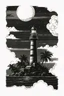 moon setting over the ocean black sky with palm trees dark in the foreground lighthouse in the background clouds in sky tattoo design idea