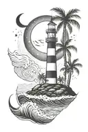 palm trees and waves with a lighthouse shining at night with a crescent moon and stars shining  tattoo design idea