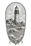lighthouse on the shore with waves crashing on it with halfdome in the background tattoo design idea