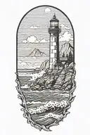 lighthouse on the shore with waves crashing on it with halfdome in the background tattoo design idea