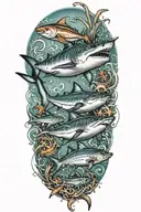 shark, starfish, crab and marlin under the sea tattoo design idea