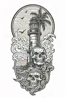 skull with lighthouse with waves crashing with palm tree tattoo design idea