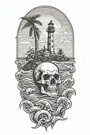 skull with lighthouse with waves crashing with palm tree tattoo design idea
